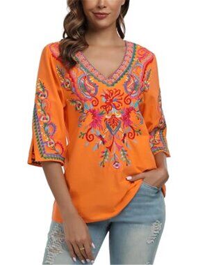 Womens Mexican Embroidered Blouse Cotton Peasant Top Boho Fiesta V Neck Shirt